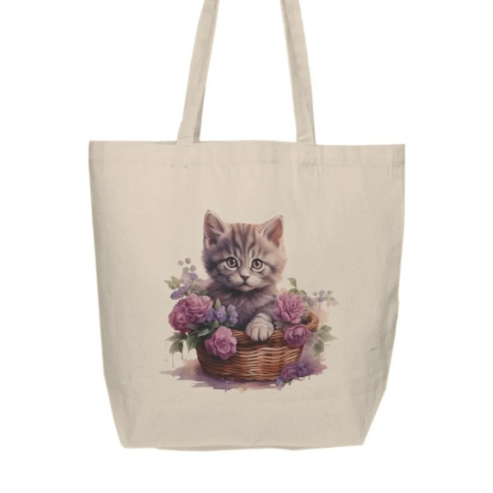 Floral Cat in a Basket Custom Canvas Tote Bag - Picture 2 of 4